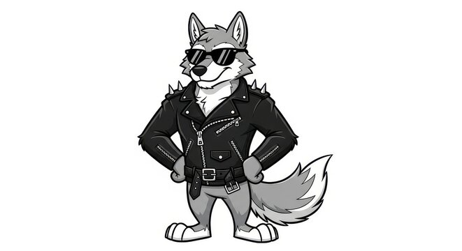Cool Cartoon Wolf Character in Studded Leather Biker Jacket and Sungla