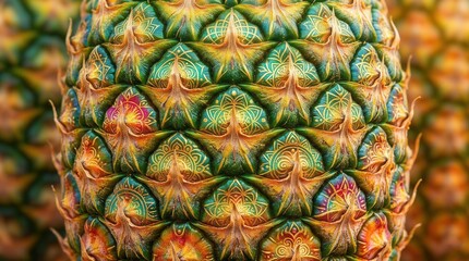 Fototapeta premium Close up detailed texture of fresh pineapple skin with water droplets in vibrant natural lighting