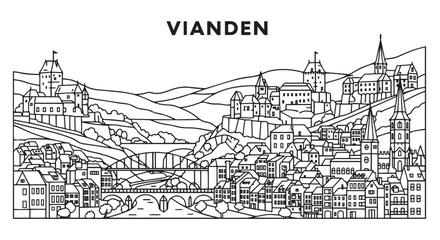 Fototapeta premium Townscape Skyline Vianden Luxembourg Illustration