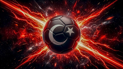 Fototapeta premium A high-energy digital illustration of a Turkish flag-patterned soccer ball exploding with fiery cosmic energy and bright sparks.