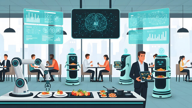 Automated restaurant interior with robotic servers and artificial intelligence data interfaces
