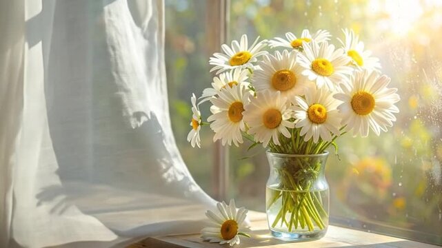 A glass vase with fresh white daisies sits by a window