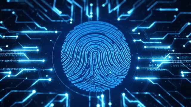 A glowing digital fingerprint icon on a complex circuit board background