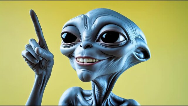 Blue alien character with large eyes and a smile raises finger in a playful manner against a bright yellow background, showcasing a whimsical expression and gesture