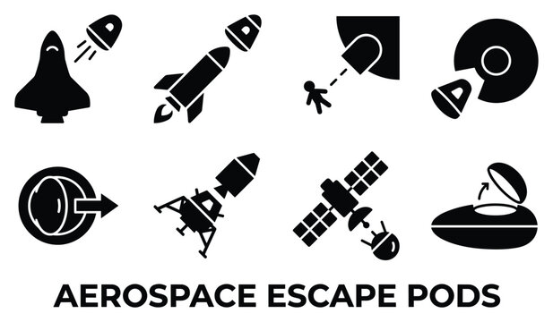 Aerospace escape pods safety evacuation systems icons spacecraft modules emergency escape.