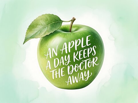 Fresh green apple with leaf and motivational health quote about keeping doctor away illustration