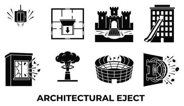 Architectural eject safety escape systems building evacuations emergency exit icons.