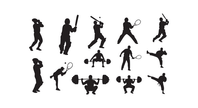 Athletes performing sports like cricket baseball tennis karate and weightlifting in action poses on white background.