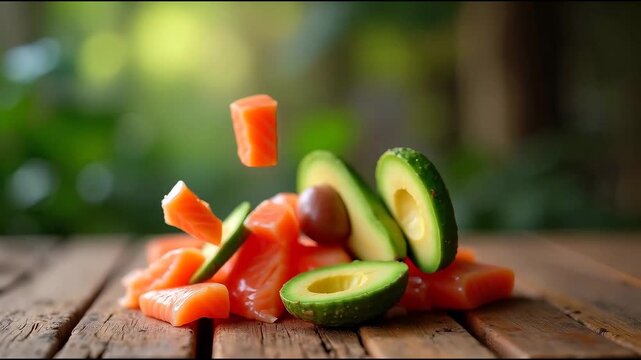 Fresh salmon and avocado pieces suspended in mid-air above a wooden table, showcasing vibrant colors and textures in a natural outdoor setting