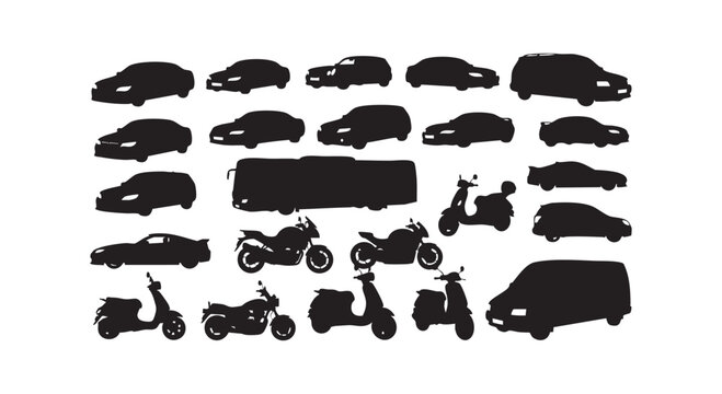 Collection of black vehicle silhouettes including various cars buses motorcycles and vans on white background set art.