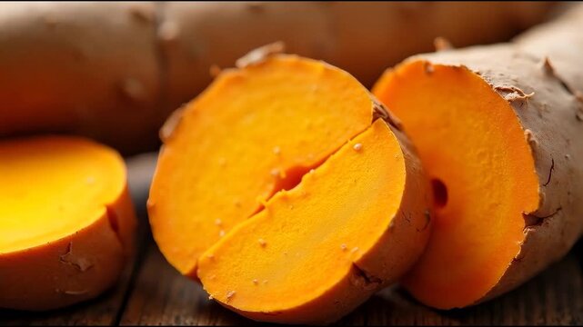 Freshly cut orange sweet potato slices reveal vibrant color and texture, showcasing the natural beauty of this nutritious root vegetable on wooden surface