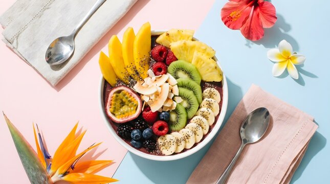 Tropical smoothie bowl topped with sliced mango, kiwi, banana, passion fruit, and berries on a bright pink and blue background