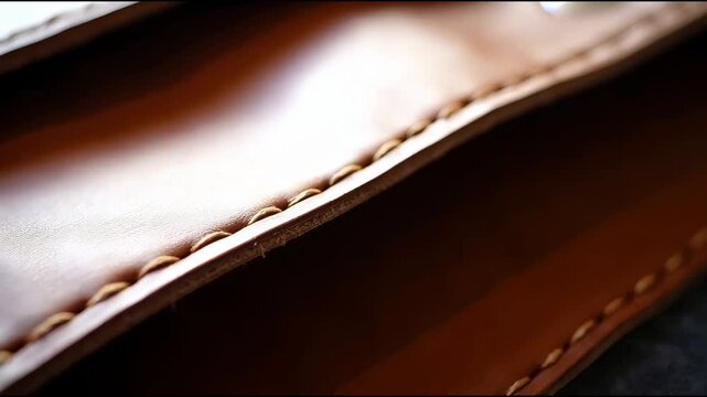 Close-up view of brown leather wallet stitching showing detailed craftsmanship and texture progression across three frames highlighting the quality of the material and design