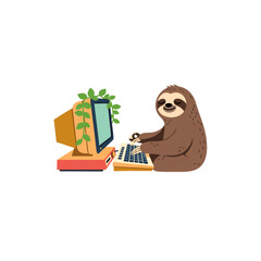 Fototapeta premium Cute cartoon sloth working on a vintage desktop computer with potted plant decoration, concept for remote work productivity, digital nomad lifestyle, and eco-friendly office design, ideal for blog