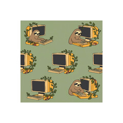 Fototapeta premium Whimsical cartoon sloth illustrations on vibrant green background with golden frames, concept for children's book design, educational materials, and playful branding projects