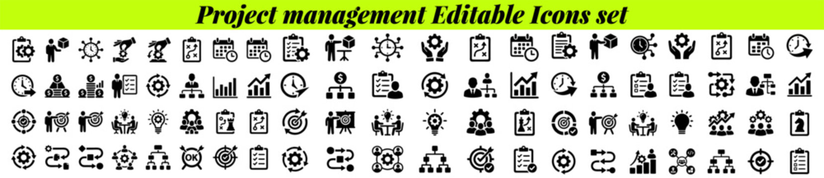 Project Management Icon Collection. Time Management, Planning and Business Workflow Solid Vector Illustration Set