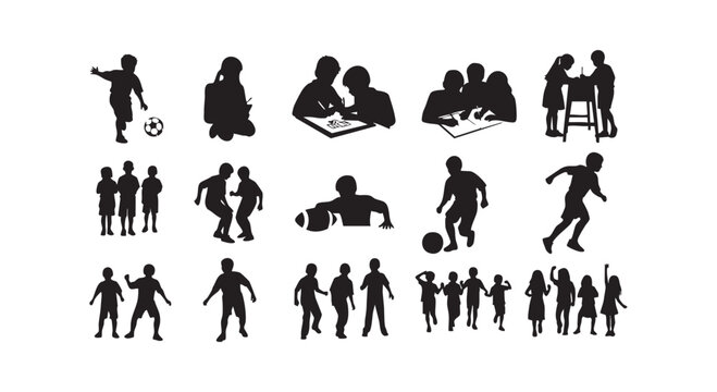 Educational and athletic activity silhouettes featuring students studying playing sports and collaborating in classroom.