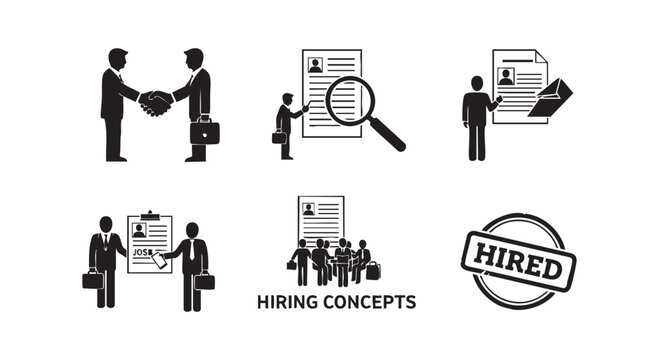 Hiring process icons showing job interview handshake recruitment document review analysis meeting selection and success.