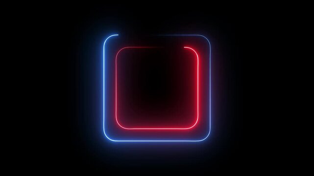 Abstract neon pink and blue glowing square frame animation on dark background