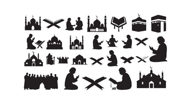 Islamic culture silhouettes collection with mosques praying people holy books and kaaba symbols in traditional style vector.