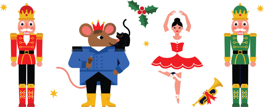 Nutcracker ballet characters mouse king ballerina trumpet and holly