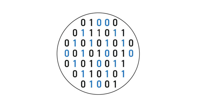 A circular graphic design featuring a pattern of binary code digits in black and blue