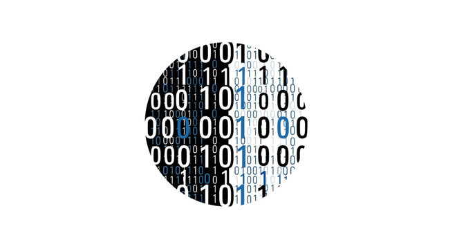 A circular graphic design featuring binary code digits on a white background