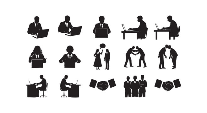 Office business silhouettes collection with laptop workers and professional handshake partnership and meeting icons.