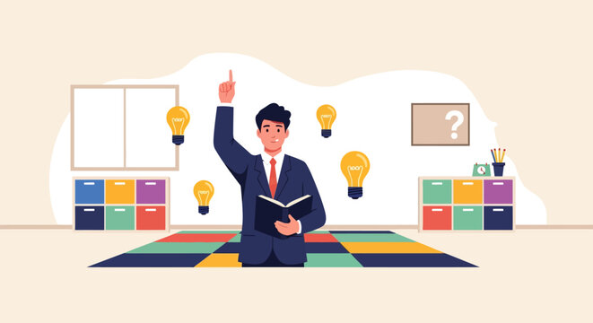 Man with Book and Lightbulbs Suggesting Idea Generation.