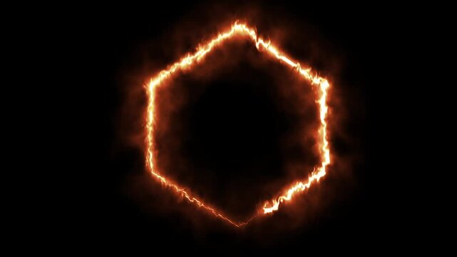 A stock video asset showing a glowing hexagon frame with a fire effect on a black background.