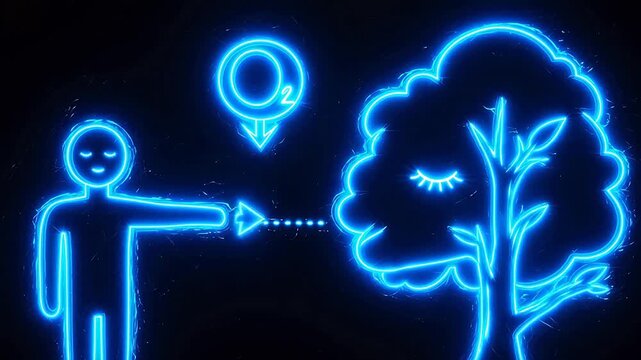 Neon illustration of human and tree interaction