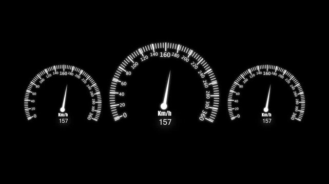 Three white glowing speedometer gauges showing speed on a dark black background