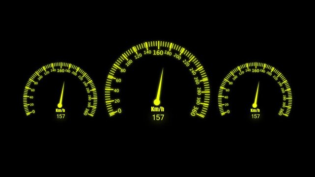 Three yellow glowing speedometer gauges showing speed on a dark black background
