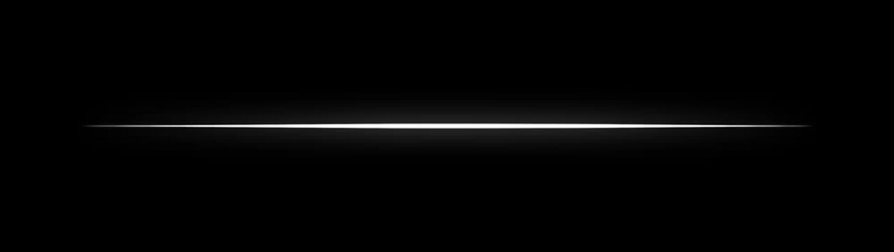 Thin horizontal white glowing line with soft light diffusion centered on a solid black background representing a minimalist light beam effect