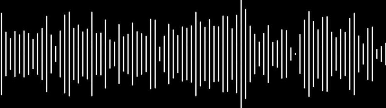 White vertical audio waveform bars of varying heights arranged in a sequence on a black background representing sound frequency and digital data