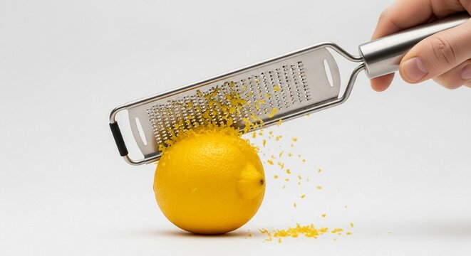 Fresh yellow lemon being zested with a metal grater for culinary preparation in a studio setting