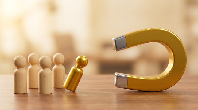 Single golden wooden peg figure being drawn toward a magnet among plain figures representing talent attraction, selective recruitment, HR acquisition and premium candidate appeal.