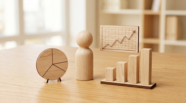 Wooden peg figure standing among tiny 3D bar chart and pie chart props representing data analytics, business intelligence, data storytelling, visualization and insight communication.