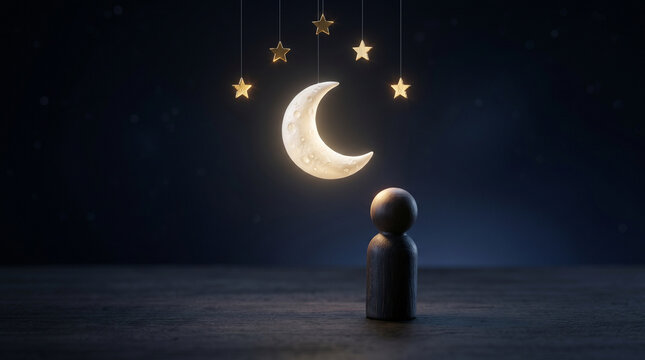 Wooden peg figure reaching upward toward a glowing crescent moon and stars representing big dreams, personal aspiration, business ambition, night-vision thinking and bold goal setting.