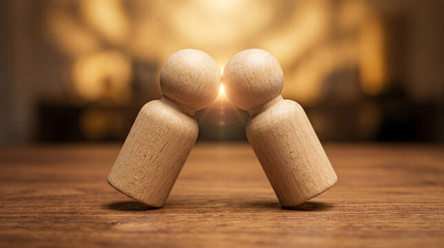 Two wooden peg figures in fist-bump gesture representing team solidarity, collective impact, social mission, community achievement and shared purpose partnership.