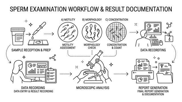 Sperm examination workflow and result documentation process.