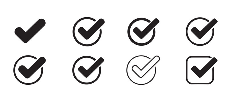 Collection of check mark and cross symbols in square and circle frames for web ui interface design.