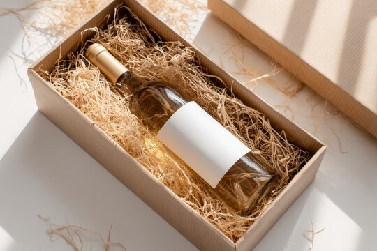 White wine bottle with a blank mock up label inside a cardboard gift box with paper shavings filler, high angle view