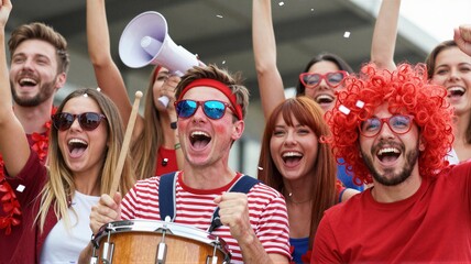 Fototapeta premium Football fans cheering with drum, megaphone and confetti in stadium