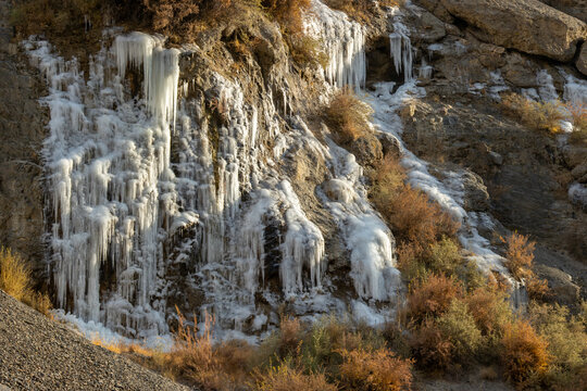 View of a frozen waterfall cascading down a rugged rocky cliff face with autumn-colored shrubs at the base in Khunjerab National Park, Khunjerab, Gilgit, Pakistan.
