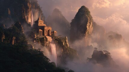 Fototapeta premium Ancient temple nestled amidst misty mountains and cascading waterfalls, evoking a sense of serene wonder and timeless beauty