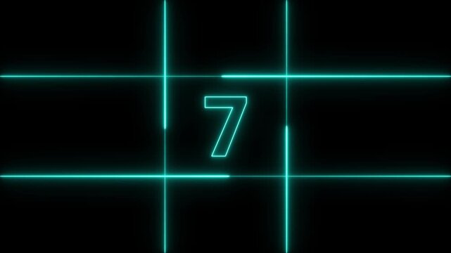 Glowing neon cyan number nine centered inside a grid of intersecting horizontal and vertical lines on a solid black background for digital countdown