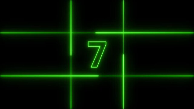 Glowing neon green number nine centered inside a grid of intersecting horizontal and vertical lines on a solid black background for digital countdown