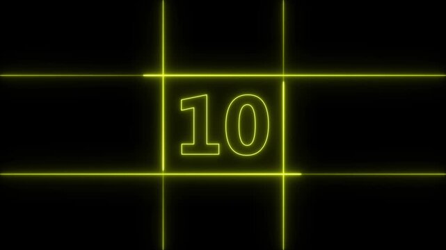 Neon yellow glowing number twelve centered inside a grid of intersecting horizontal and vertical lines on a solid black background for digital countdown