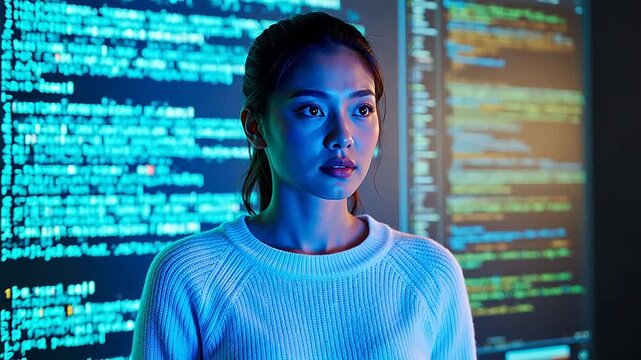 Woman in front of glowing code
